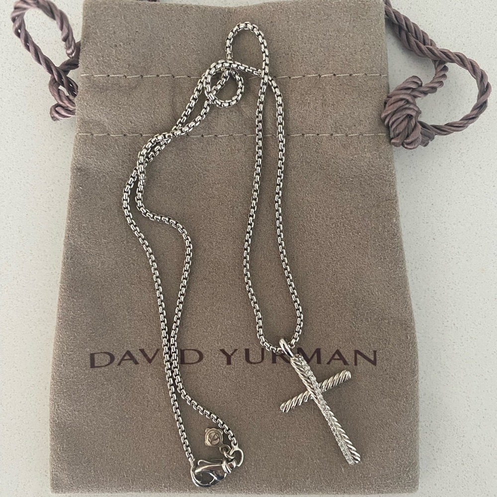 David Yurman Crossover Cross Necklace in Sterling Silver with Pavé Diamonds